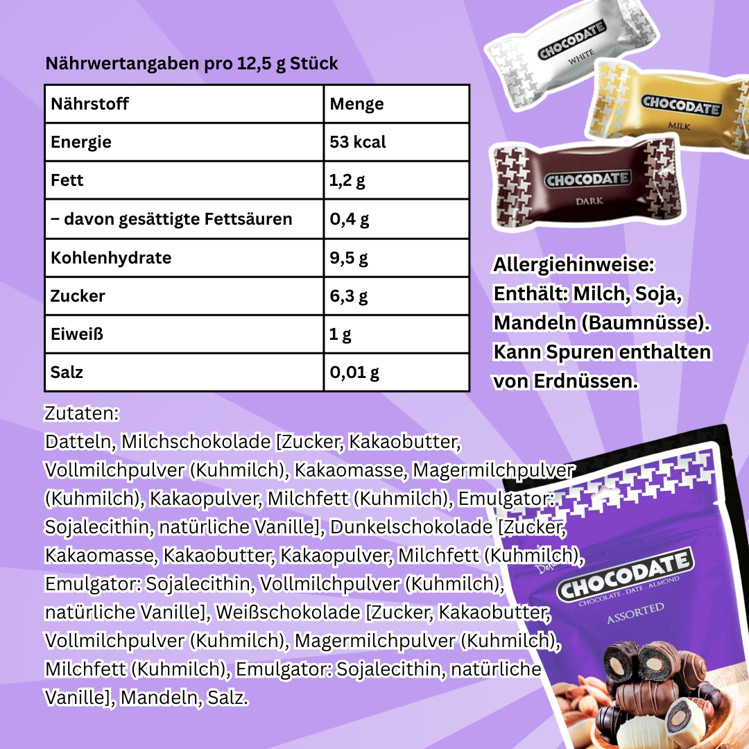 Chocodate Assorted – Datteln mit Milch-, Dunkel- & Weißschokolade & Mandeln (90 g)