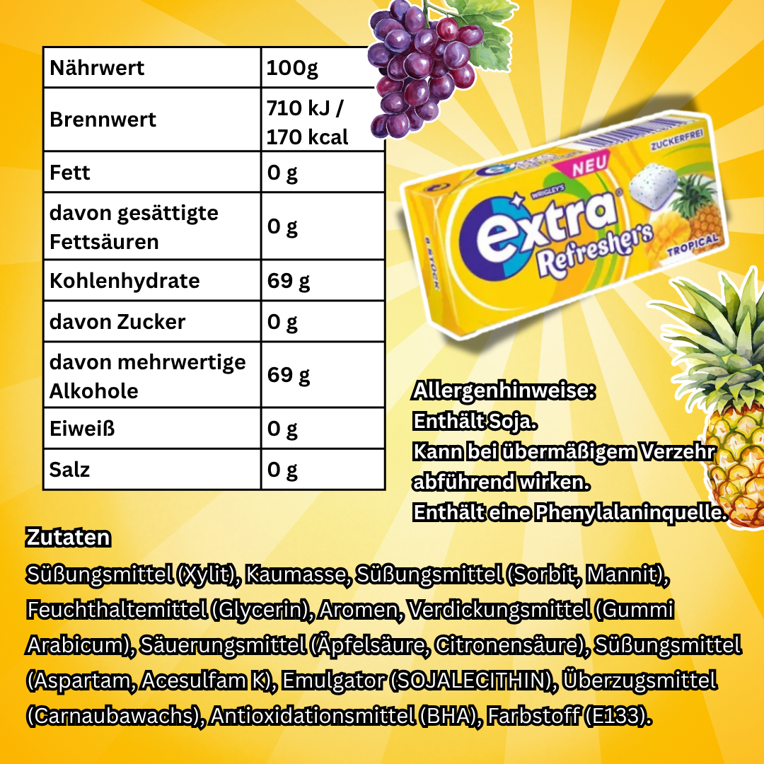 Wrigley's Extra Refreshers Tropical Zuckerfreier Kaugummi | 12x17,9g (96 Dragees) | Tropical Geschmack