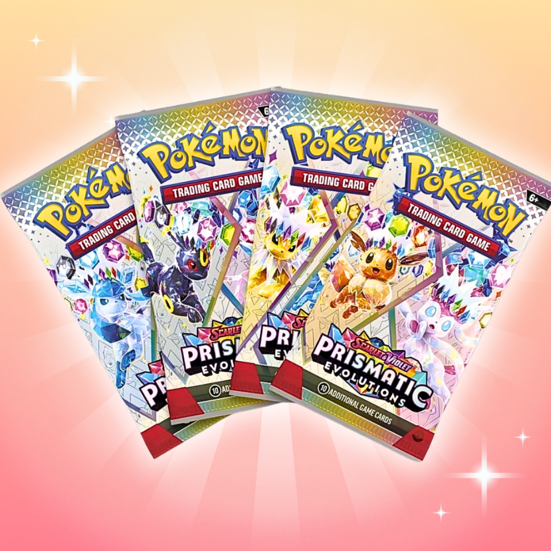 Pokémon Scarlet & Violet – Prismatic Evolutions Surprise Box Englisch, 4 Boosterpacks + Zufällige Evoli ex Promo Karte