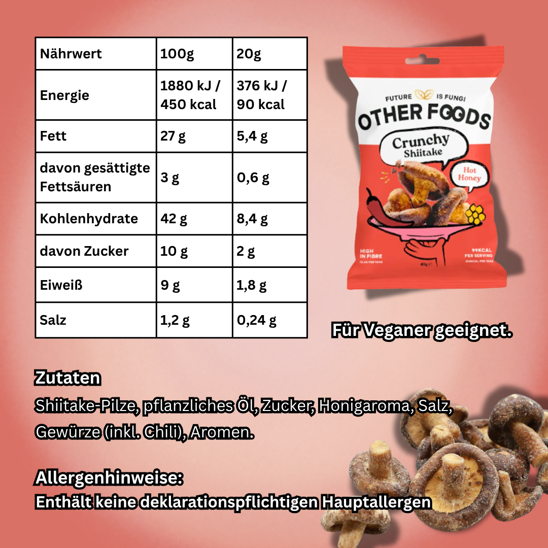 Other Foods Crunchy Shiitake Hot Honey Crispy Chips 40 g – Knusprige Shiitake-Chips mit Hot Honey Geschmack