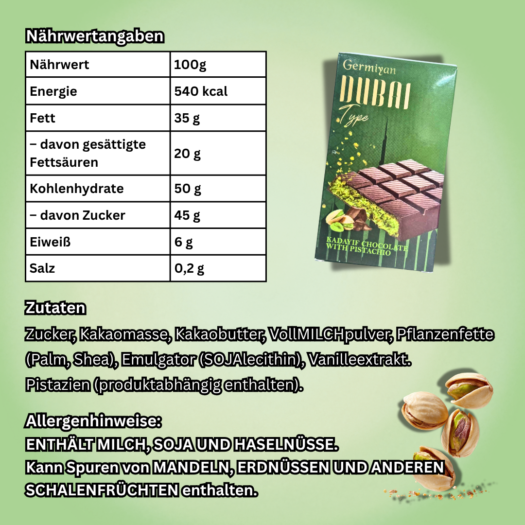 Germiyan Dubai Style Kadayif Schokolade mit Pistazienfüllung 200g (MHD 03/2027)