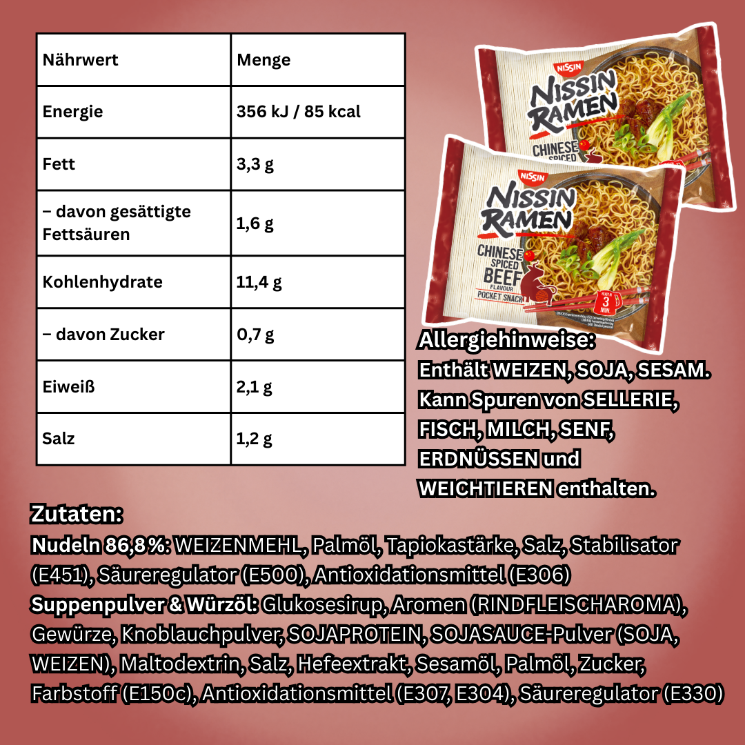 Nissin Ramen Beef – Rindfleisch-Instantnudeln, 10×66,8 g Packung (MHD11/2025)