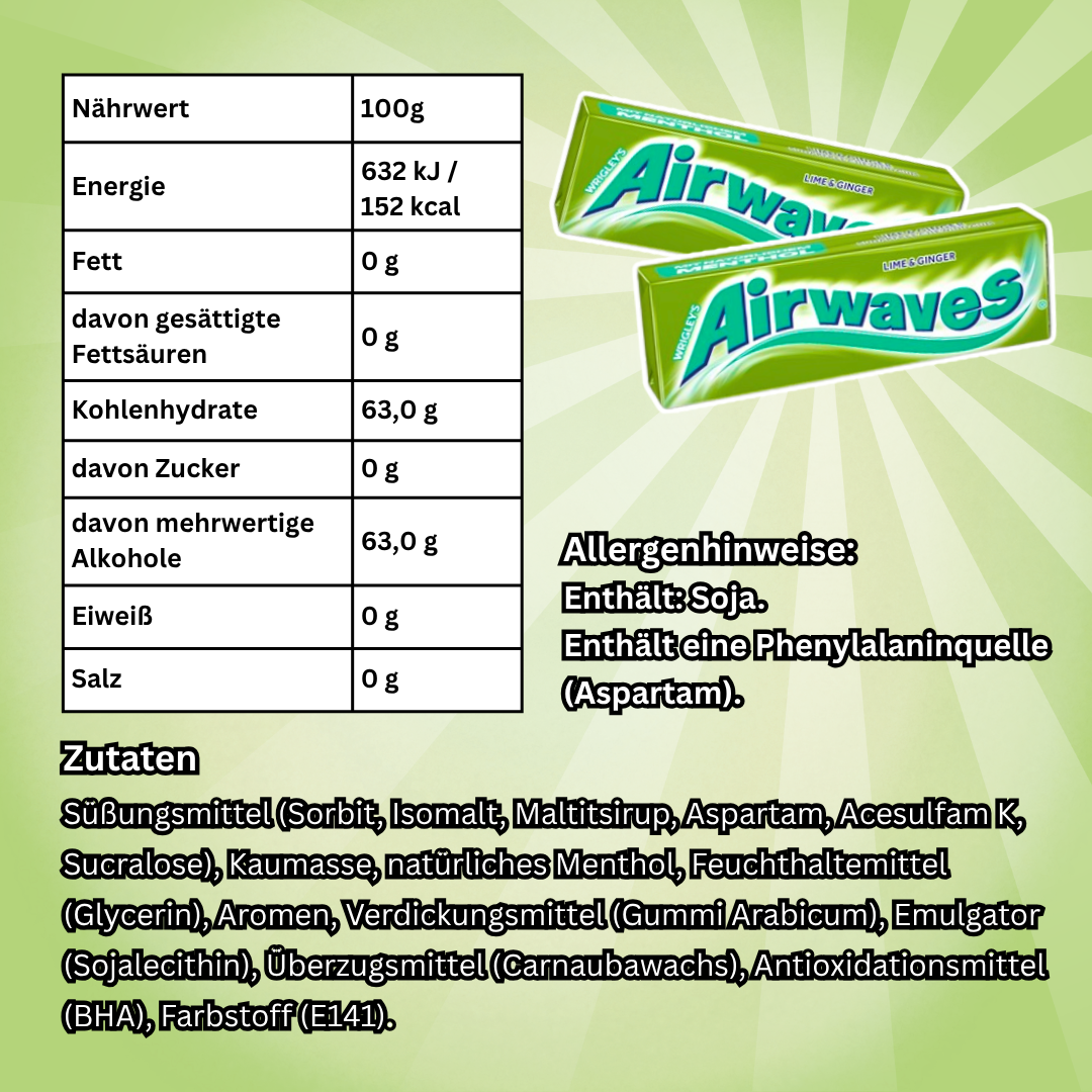 Wrigley's Airwaves Lime & Ginger Kaugummi 30 x 10 Dragees – Zuckerfreier Kaugummi mit Limetten- und Ingwergeschmack