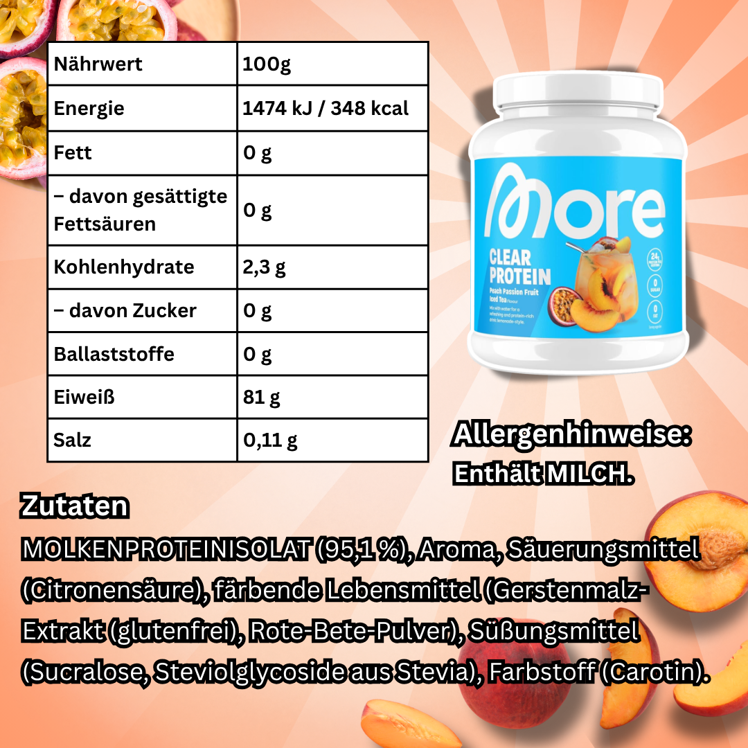 MORE Protein Iced Tea Style Pure Peach Passion Fruit 600 g – Proteinpulver mit Pfirsich-Maracuja-Geschmack
