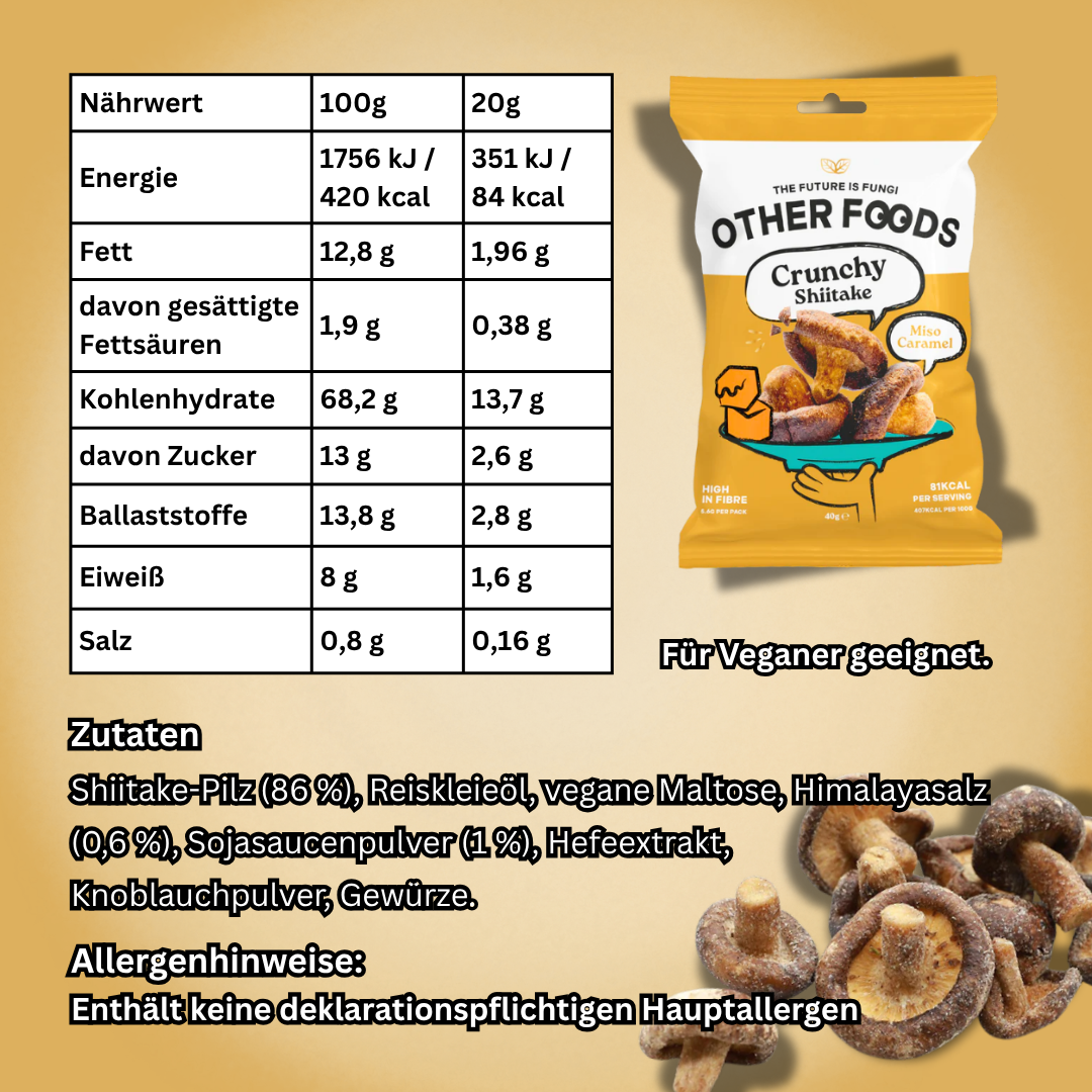 Other Foods Crunchy Shiitake Mushrooms Miso Caramel 40 g – Knusprige Shiitake-Pilze mit Miso-Karamell-Geschmack