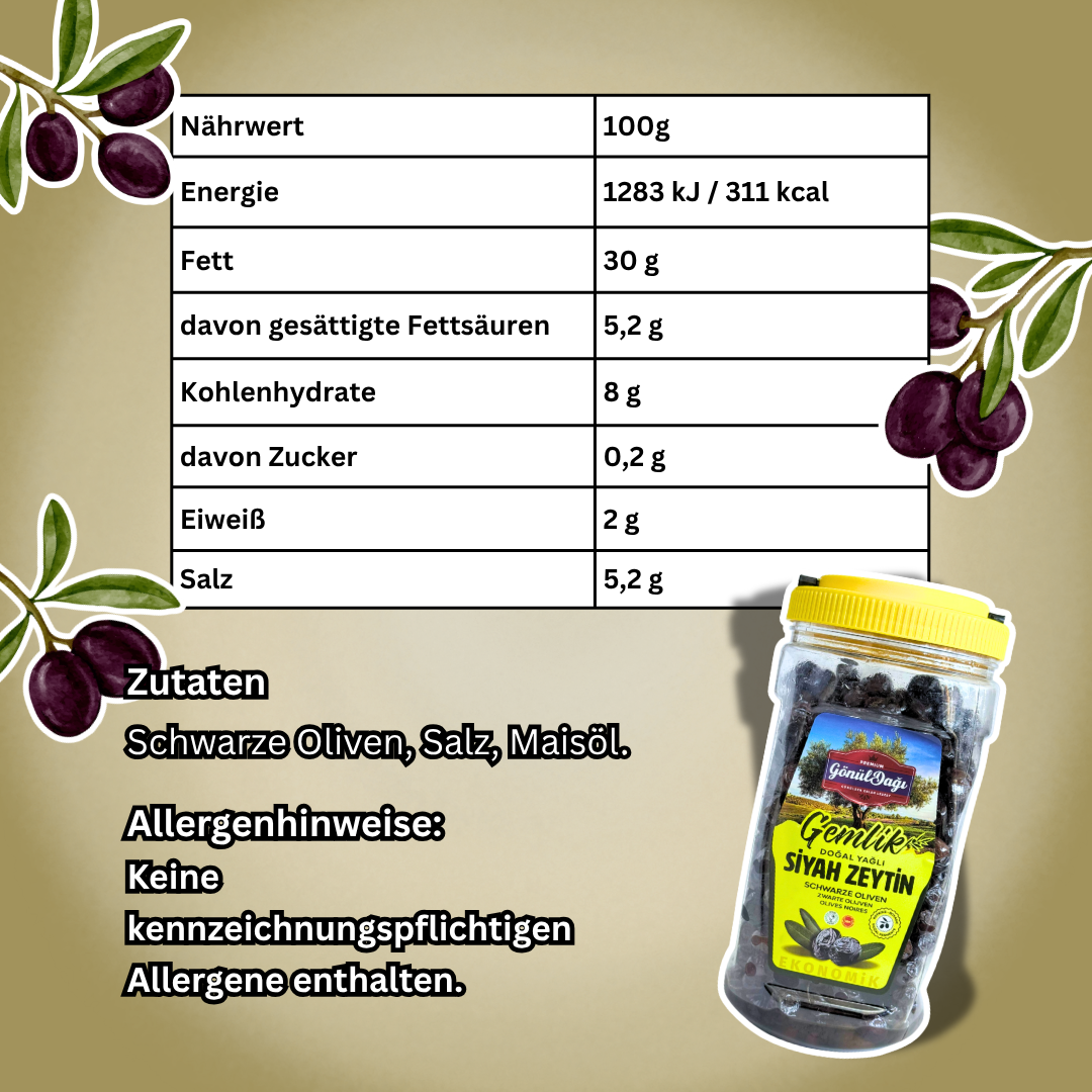 Gönül Dağı Gemlik Doğal Yağlı Siyah Zeytin 1200 g – Natürliche schwarze Oliven nach Gemlik-Art