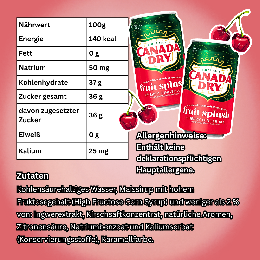 12x Canada Dry Cherry Fruit Splash Erfrischungsgetränk Kirschgeschmack koffeinfrei 12 x 355 ml