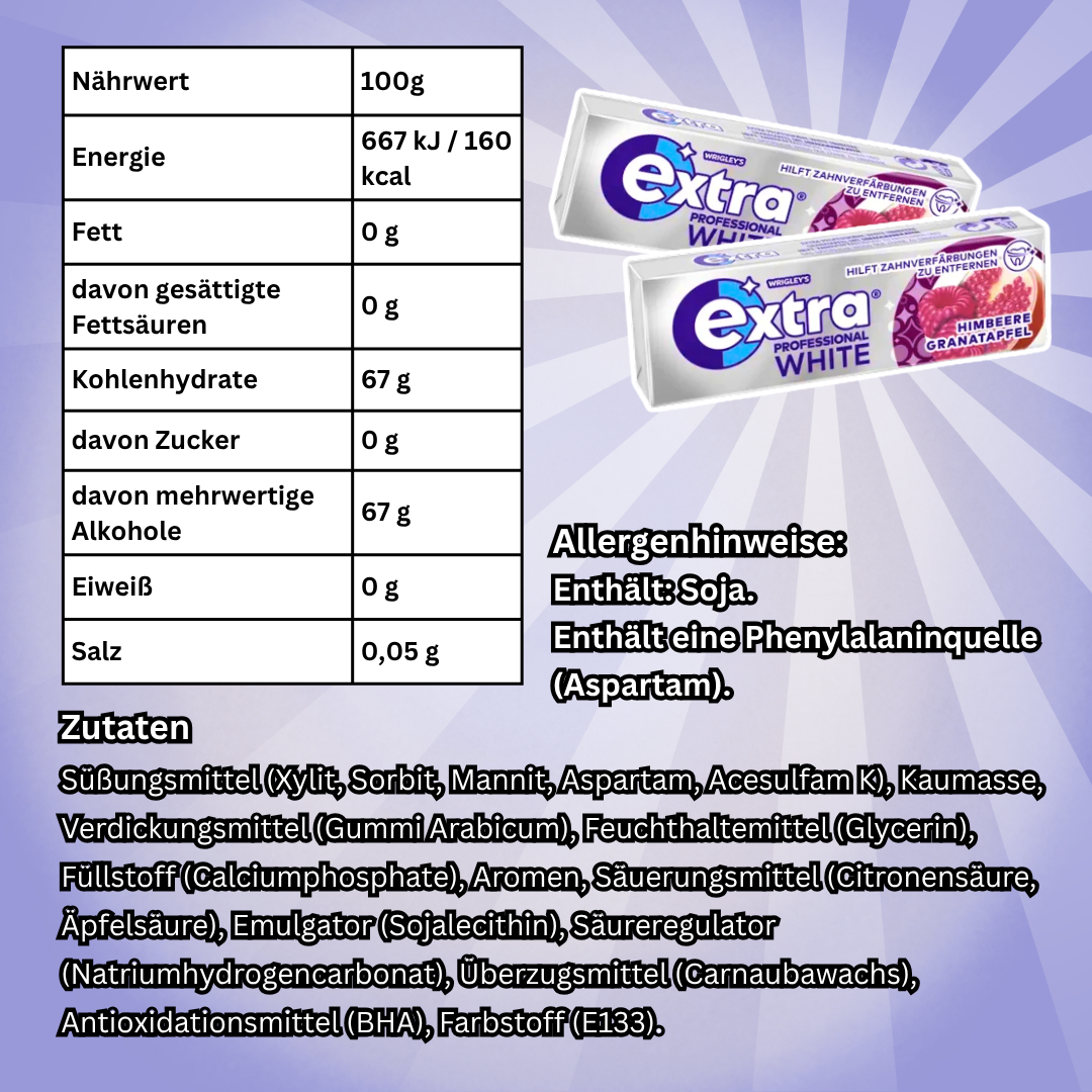 Wrigley's Extra Professional White Himbeer Granatapfel Kaugummi 30 x 10 Dragees – Zuckerfreier Kaugummi mit Himbeer-Granatapfel-Geschmack