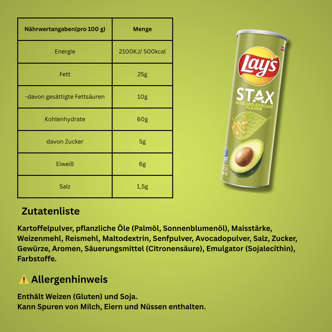 Lay’s Stax Mustard Avocado Chips 90 g - Knusprige Kartoffelchips mit Senf- & Avocado-Geschmack