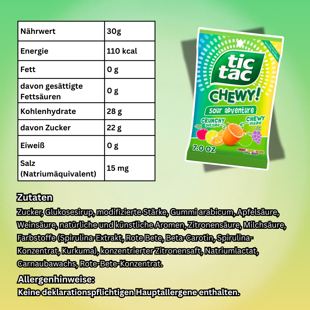 12x Tic Tac Chewy! Sour Adventure – 12x80 g – Saure Kaubonbons mit Fruchtgeschmack