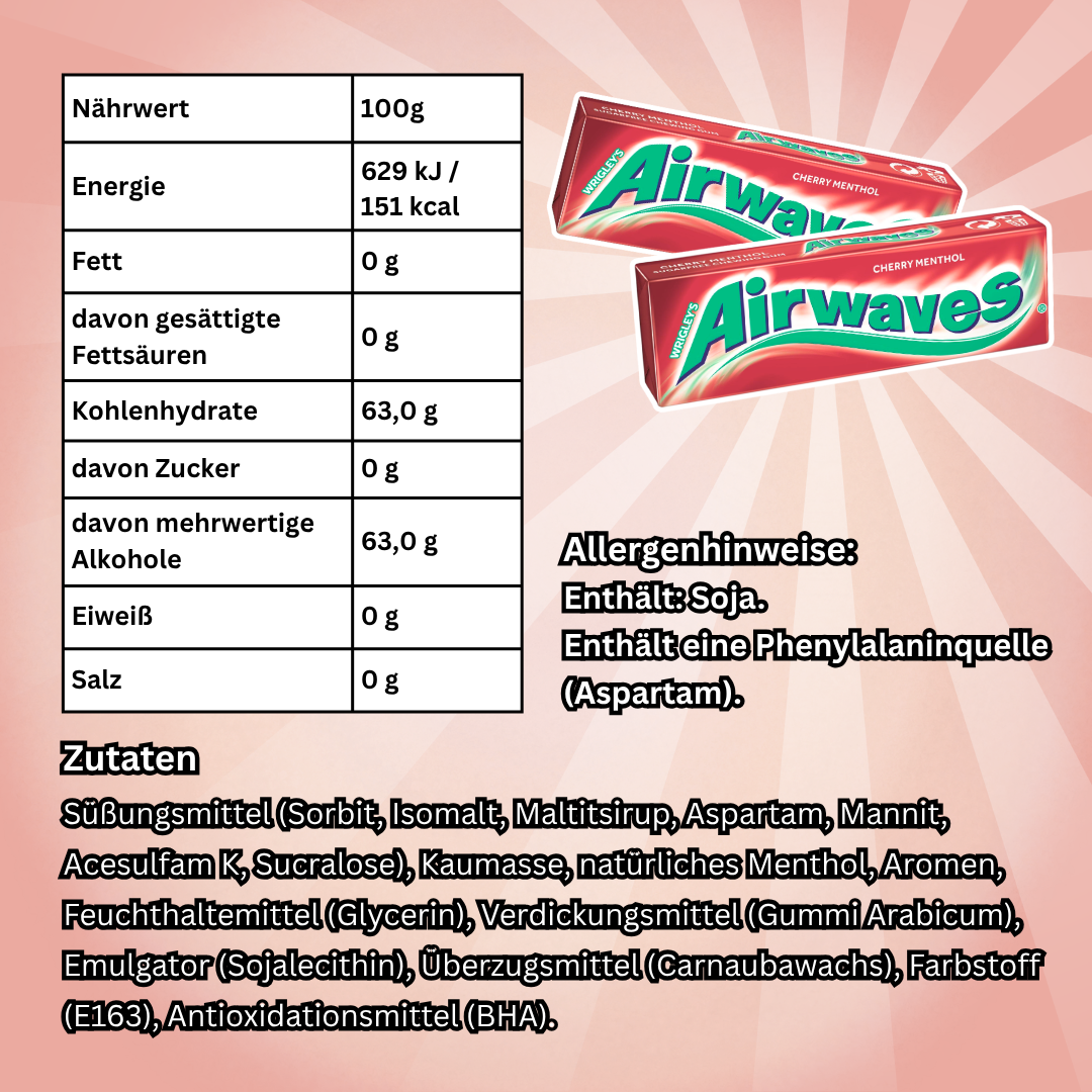 Wrigley's Airwaves Cherry Menthol Kaugummi 30 x 10 Dragees – Zuckerfreier Kaugummi mit Kirsch- und Mentholgeschmack