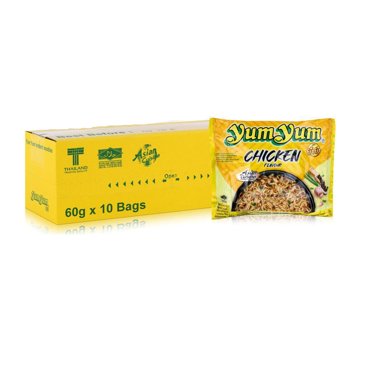 Yum Yum Chicken Instant Noodles – 10 x 60 g | Thailändische Hühnersuppe | Würzige 3-Minuten-Nudeln | Halal | Aromatischer Hühnergeschmack
