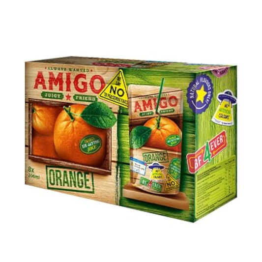 Amigo Softdrink „Juicy Friend“ Orange – 8 x 200 ml | Fruchtiger Orangendrink | Mit Vitaminen | Trinkpäckchen für Schule & unterwegs
