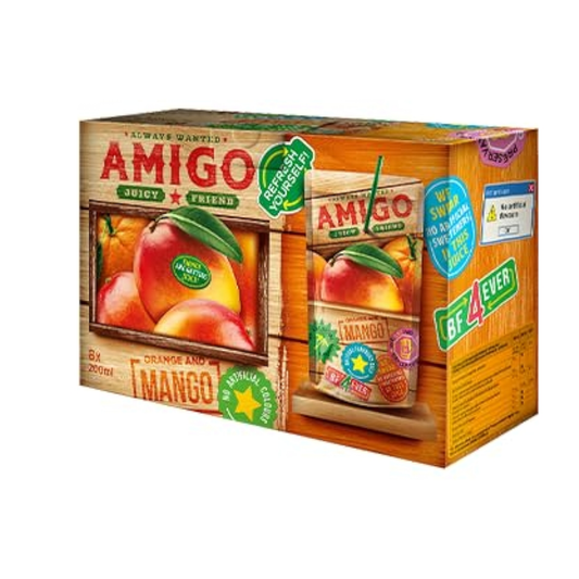 Amigo Softdrink „Juicy Friend“ Orange &amp; Mango – 8 x 200 ml | Fruchtiger Mix aus Orange &amp; Mango | Mit Strohhalm | Perfekt für Schule &amp; unterwegs