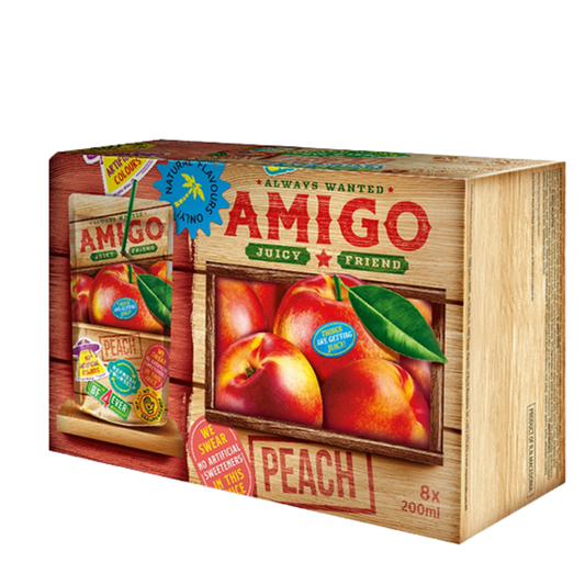Amigo Softdrink „Peach“ – 8 x 200 ml | Fruchtiger Pfirsichdrink | Ohne Kohlensäure | Mit Vitaminen | Ideal für Schule & unterwegs