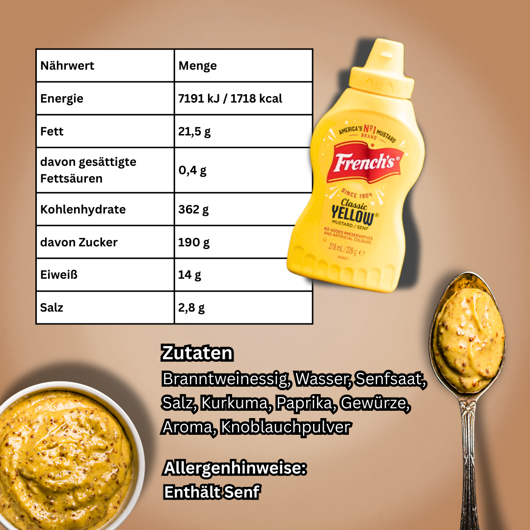 French's Classic Yellow Mustard / Senf – Aromatischer Würziger Senf für Würstchen, Sandwiches & Saucen – 218ml (226g)