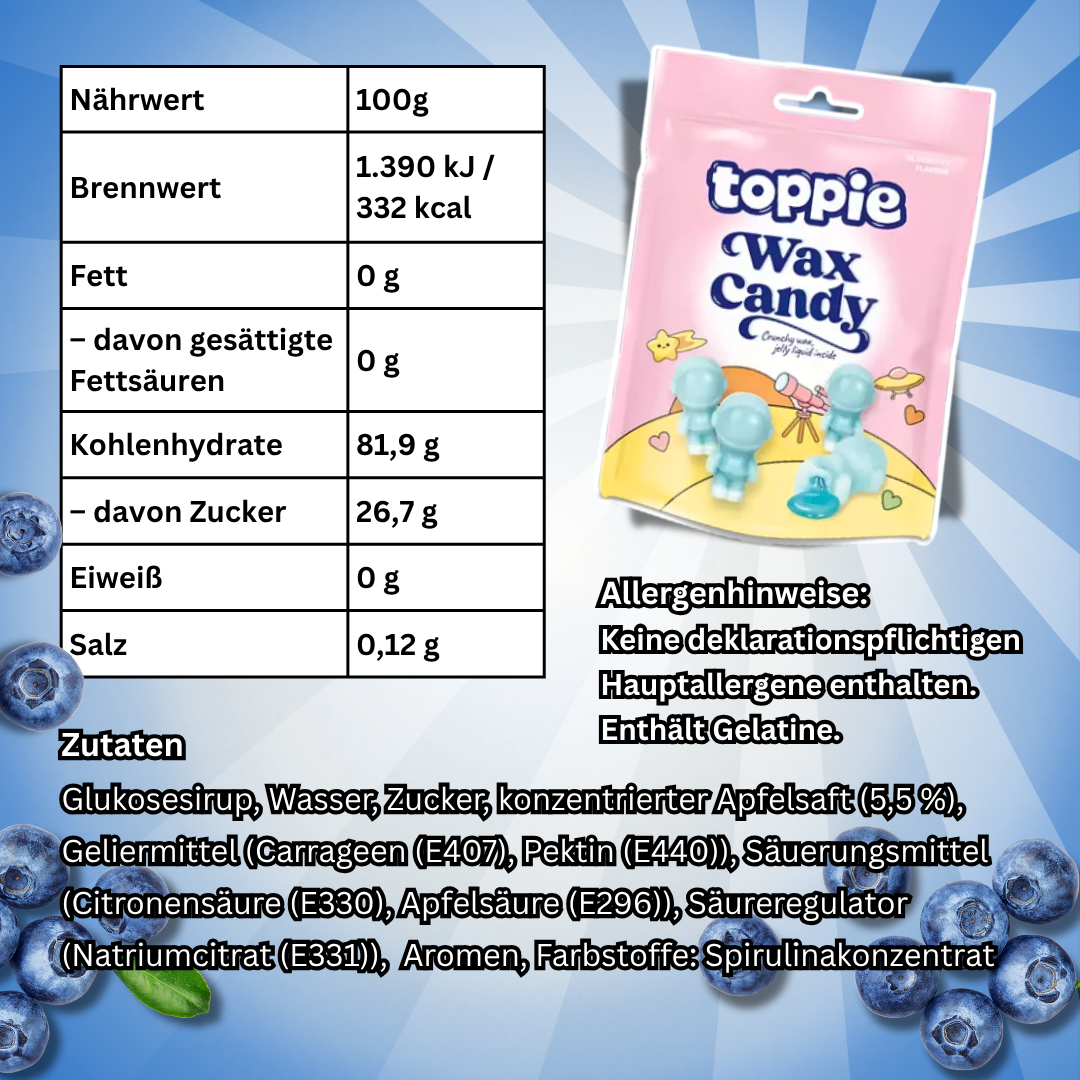 3x Toppie Wax Candy | 3x40g Flüssige Süßware in Wachshülle – Blueberry, Strawberry & Green Apple – Fruchtige Liquid Candy Box