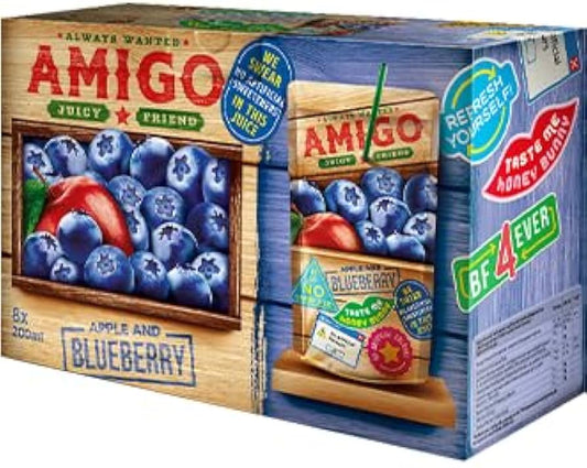 Amigo Softdrink „Juicy Friend“ Apple & Blueberry – 8 x 200 ml | Apfel-Heidelbeer-Drink | Mit Vitaminen | Trinkpäckchen für Schule & unterwegs