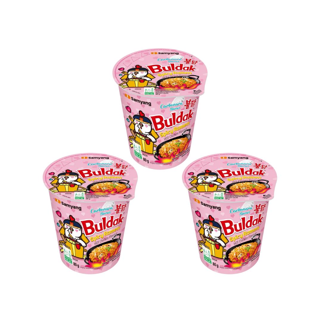 3 x 80g Buldak Carbonara Cup – Scharfe Instant-Nudeln mit cremiger Carbonara Sauce – Koreanische Halal Ramen mit würziger Hühnernote – Schneller Snack oder kleine Mahlzeit