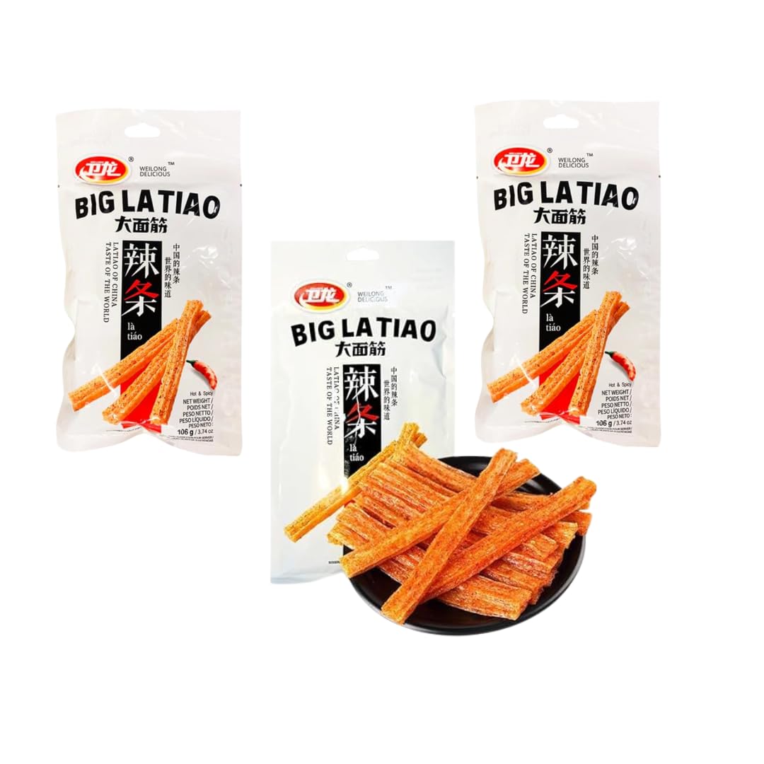 WEILONG Big Latiao 3 x 106g | Scharfer Weizensnack | Hot & Spicy | Würzige Chinesische Snacks | Spicy Sticks Scharfe Stangen Vegan Halal
