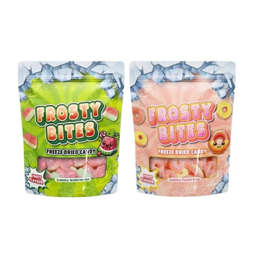 2er- Frosty Bites Fruchtgummi – Wassermelone & Pfirsich mit eisigem Cooling-Effekt– Perfekt für unterwegs & Partys – 2 x 50g Packung