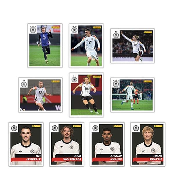 DFB 2025 – 125 Jahre Fußballgeschichte – Stickerbox mit 36 Tüten + Heartforcards® Versandschutz