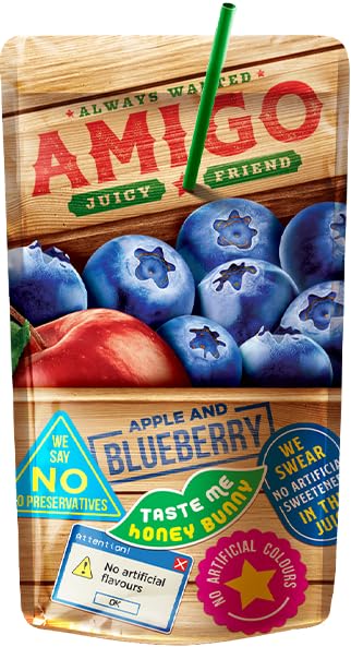 Amigo Softdrink „Juicy Friend“ Apple & Blueberry – 8 x 200 ml | Apfel-Heidelbeer-Drink | Mit Vitaminen | Trinkpäckchen für Schule & unterwegs