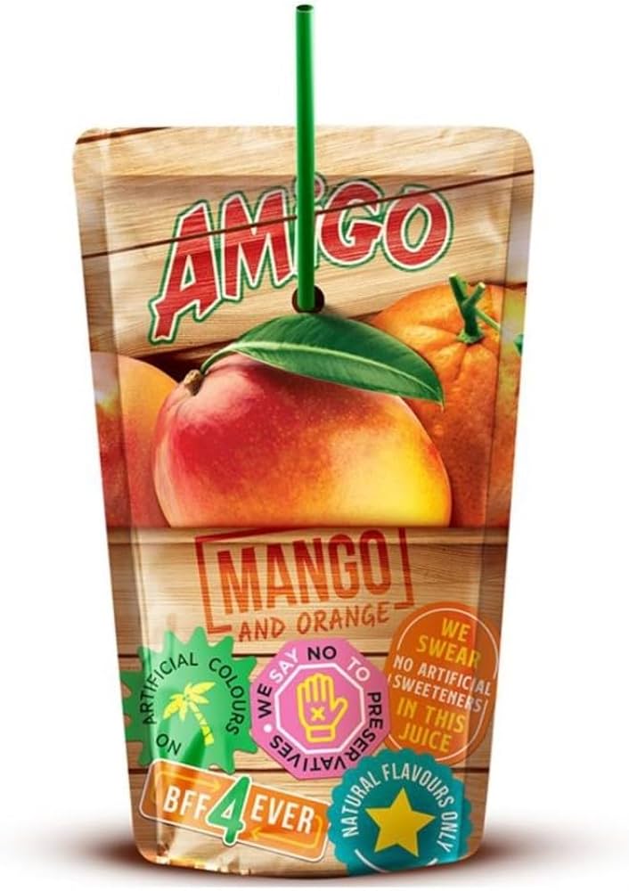 Amigo Softdrink „Juicy Friend“ Orange &amp; Mango – 8 x 200 ml | Fruchtiger Mix aus Orange &amp; Mango | Mit Strohhalm | Perfekt für Schule &amp; unterwegs