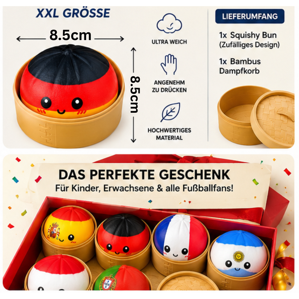 Mystery Squishy Bun Dumpling 8,5 cm – Zufällige Länderflagge Blind Box – XXL Anti Stress Ball im Bambus Dampfkorb