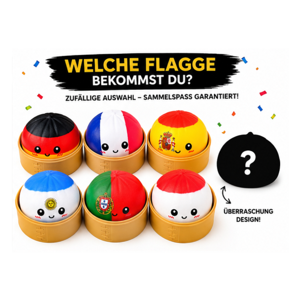 Mystery Squishy Bun Dumpling 8,5 cm – Zufällige Länderflagge Blind Box – XXL Anti Stress Ball im Bambus Dampfkorb