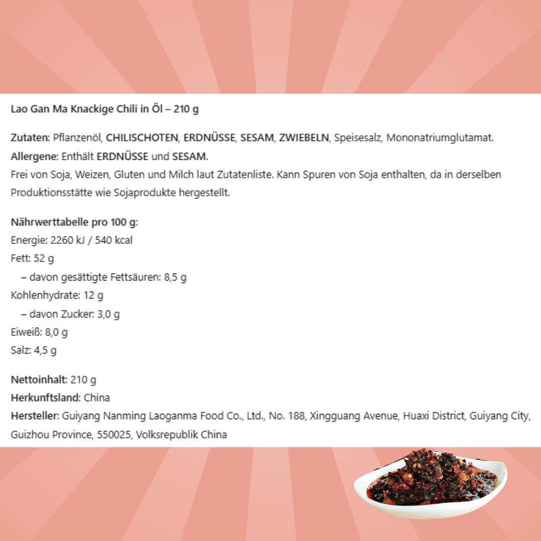 Lao Gan Ma Crispy Chili in Oil – 210 g | Ohne Sojabohnen & Bohnenpaste | Original aus China