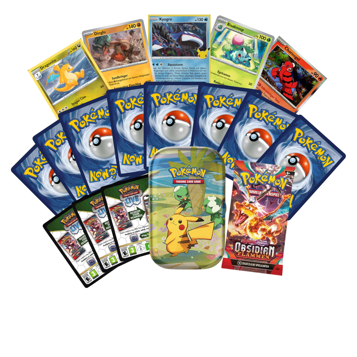 Pokémon SUPER Geschenk Paket | 1 mini Tin Box mit 50 zufälligen Karten | 1 zufälliger Booster | 3 Codes | 5 Holo Karten