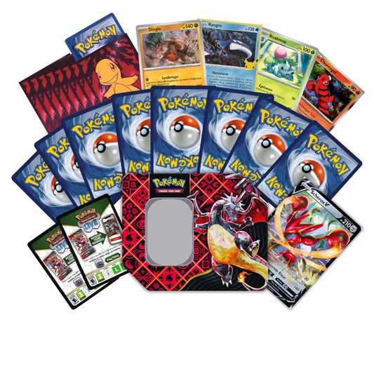 Pokemon MEGA Geschenk Paket | 1 große zufällige Tin Box mit 100 zufälligen Karten |  1 V Karte |  65 Hüllen | 10 Codes | 20 holo Karten & Zubehör! Ideal als Geschenk + Heartforcards Versandschutz