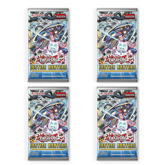 4x Justice Hunters Booster – 1. Auflage [Englisch] | 9 Karten pro Booster | Neue Archetypes & Fusionskarten | Mit Heartforcards® Versandschutz