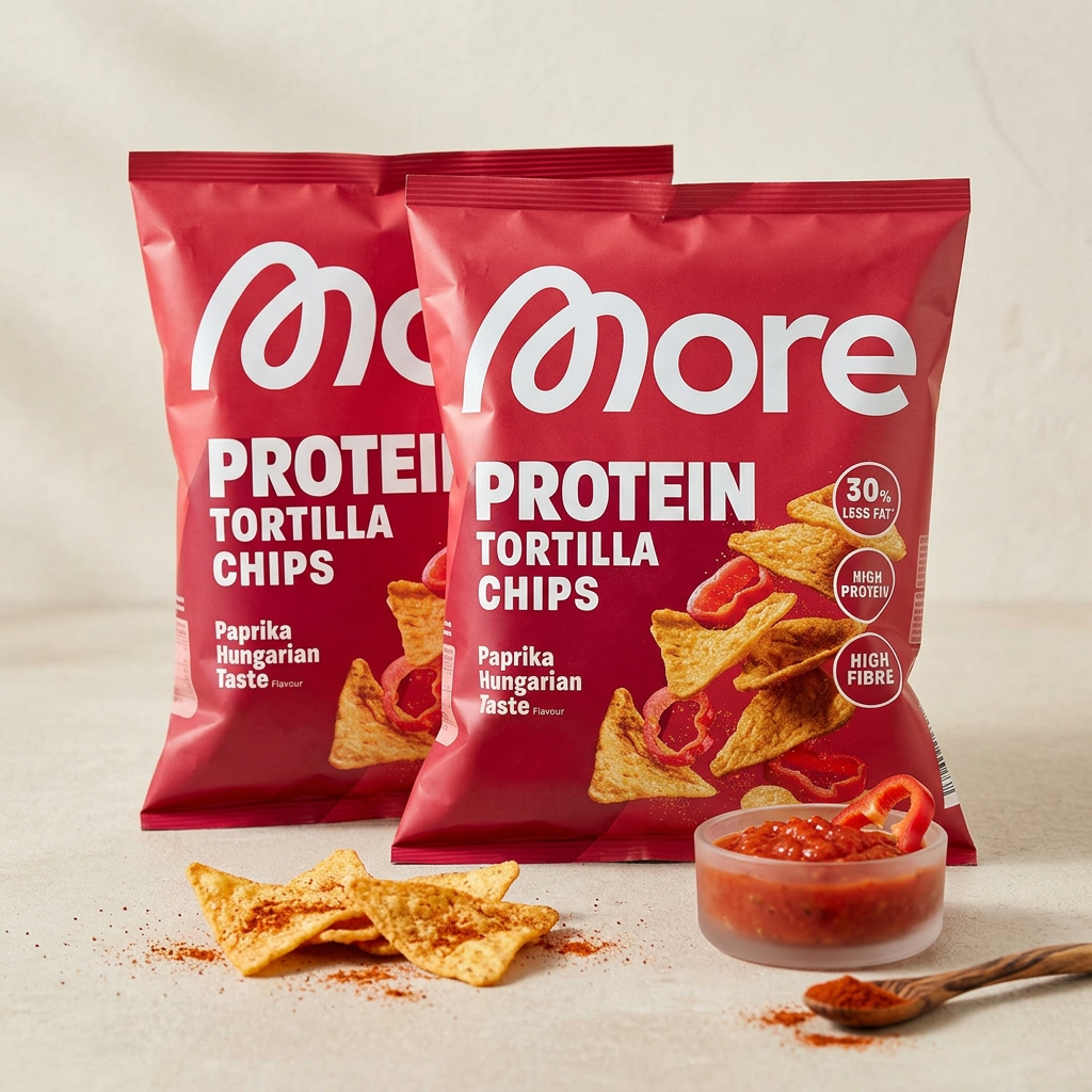 2x MORE Protein Tortilla Chips Paprika Hungarian Taste 50 g – Proteinreiche Kartoffel-Snacks mit ungarischer Paprika-Würzung – 100 g Gesamt