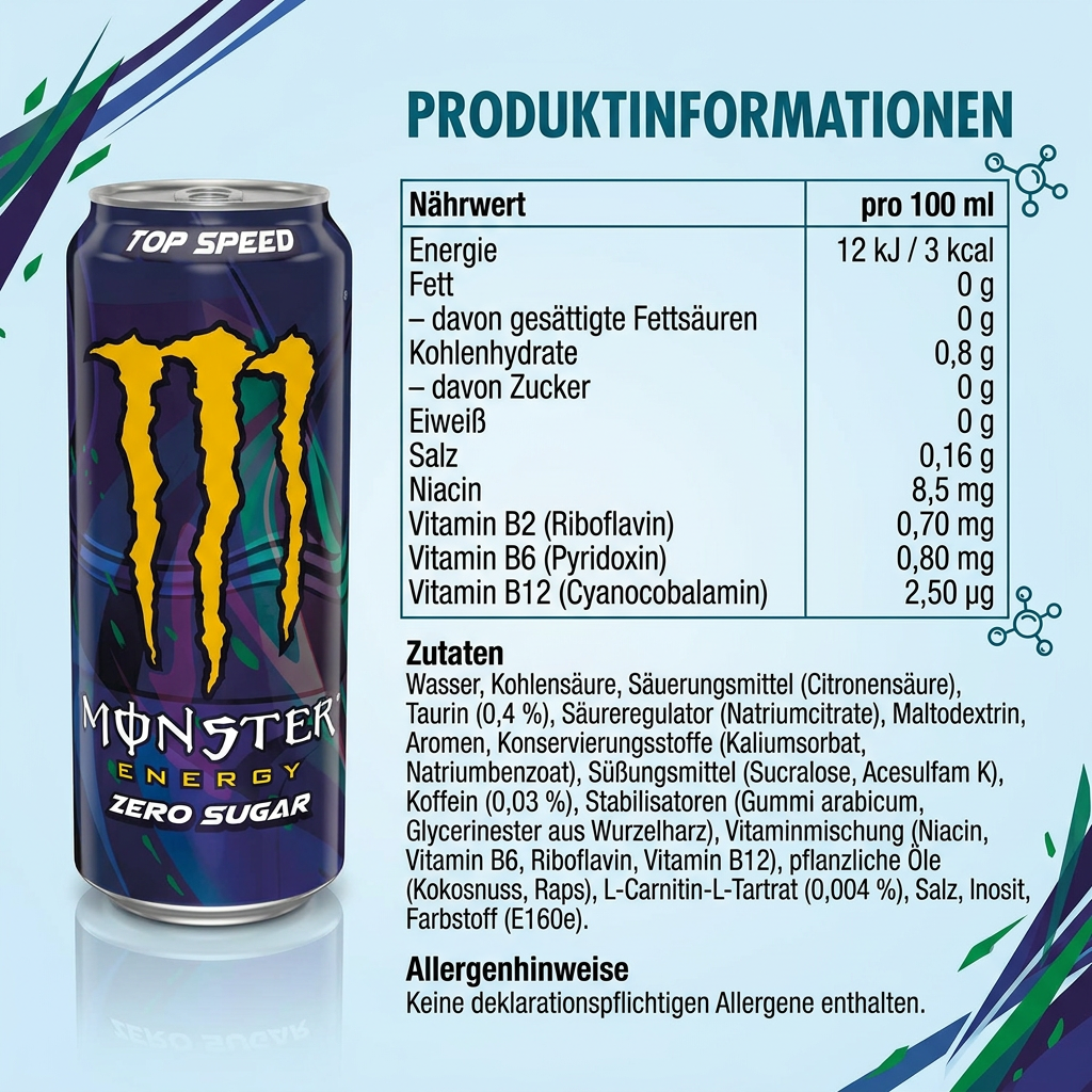 Monster Energy Zero Sugar Top Speed 500 ml – Zuckerfreier Energy Drink mit Taurin, Koffein & B-Vitaminen