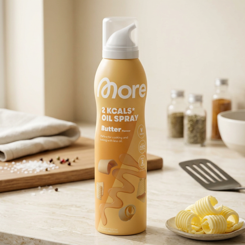 MORE 2Kcals Oil Spray Butter Flavour 200 ml – Kochspray mit Buttergeschmack – Rapsöl zum Braten, Backen & Grillen