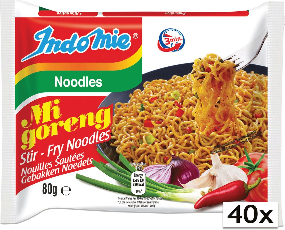 Indomie Mi Goreng Instant Noodles – 40 x 80 g | Gebratene Nudeln | Original Stir-Fry Geschmack | Schnelle 3-Minuten-Mahlzeit