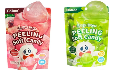 Cokoc Peeling Soft Candy – 2er Pack | Schälbares Fruchtgummi aus China | Zufällige Auswahl aus Mango, White Peach, Green Grape & Mixed Fruit Soda | Trend-Snack | 0 % Fett