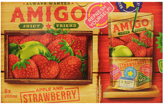 Amigo Softdrink „Juicy Friend“ Apple & Strawberry – 8 x 200 ml | Apfel-Erdbeer-Drink | Mit Vitaminen | Trinkpäckchen für Schule & unterwegs