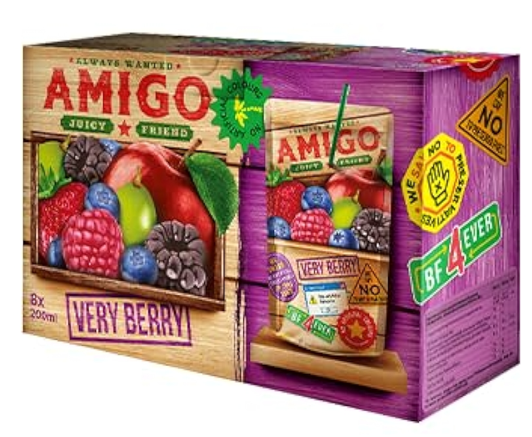 Amigo Softdrink „Very Berry“ – 8 x 200 ml | Beeriger Multifrucht-Drink | Mit Vitaminen | Trinkpäckchen für Schule & unterwegs