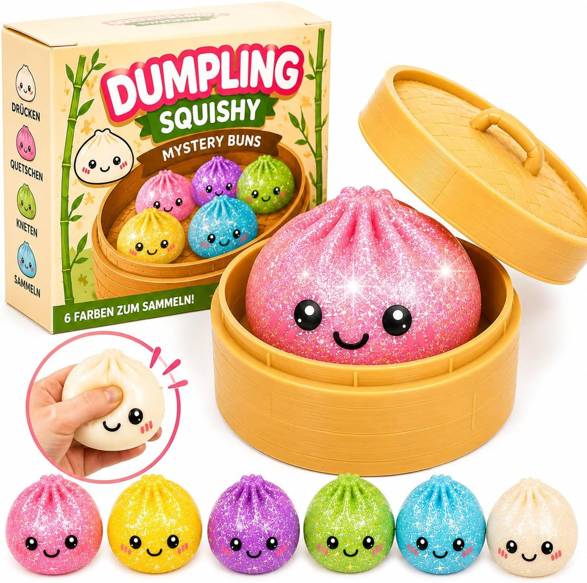 Glitzer-Dumpling Squishy 10 cm – Weiches Anti-Stress Knautsch- und Quetschspielzeug