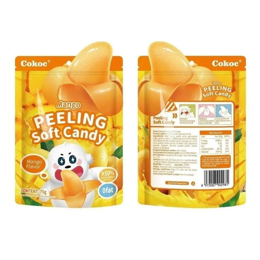 Cokoc Peeling Soft Candy – 2er Pack | Schälbares Fruchtgummi aus China | Zufällige Auswahl aus Mango, White Peach, Green Grape & Mixed Fruit Soda | Trend-Snack | 0 % Fett