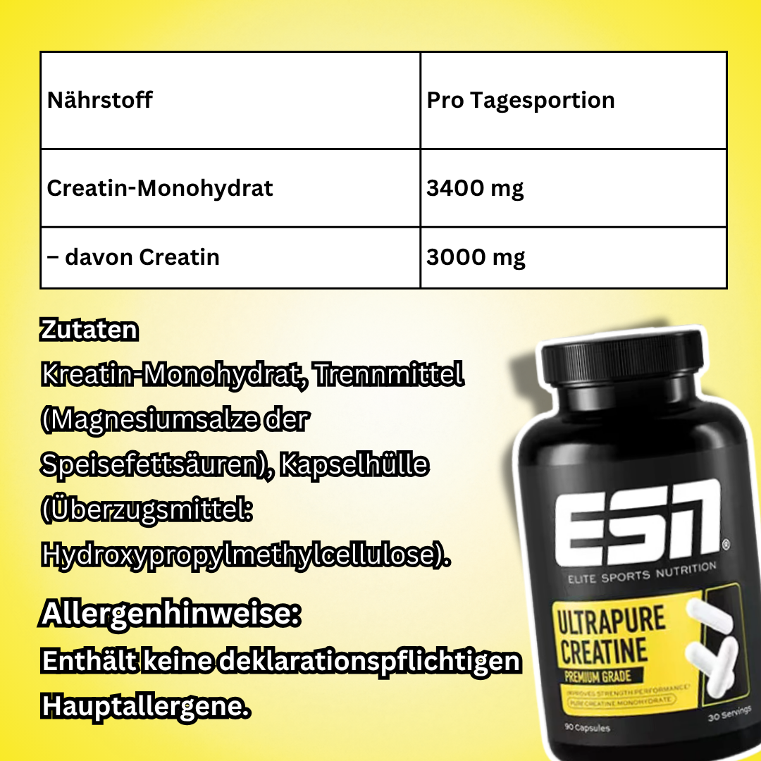 ESN Ultrapure Creatine Premium Grade 90 Kapseln | 3 g Creatin pro Tagesportion