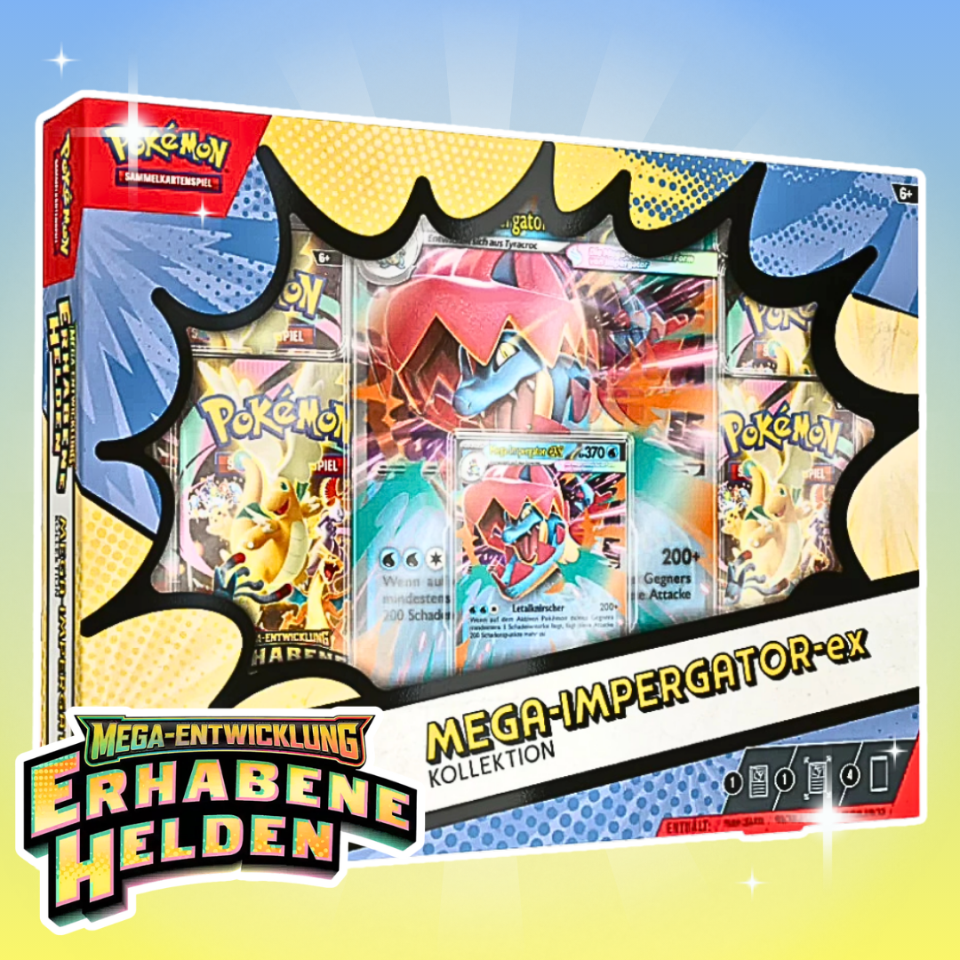 Pokémon ME02.5 Erhabene Helden Mega-EX Kollektion Deutsch – 4 Boosterpacks, Holo Promo Karte & Jumbo Wackelbildkarte, Sammelbox