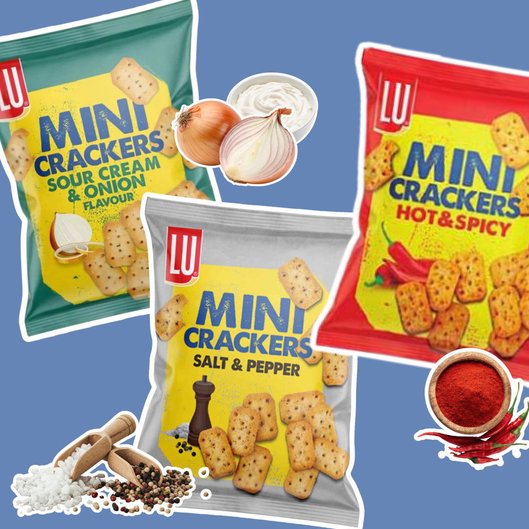 LU Mini Crackers Mix – Salt & Pepper, Sour Cream & Onion, Hot & Spicy, Knusprige Cracker-Auswahl, 3 Sorten kombiniert