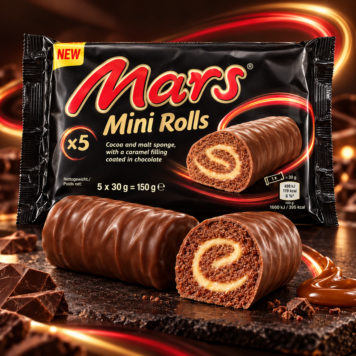 Mars Mini Rolls – Kakao-Biskuitrollen mit Karamell und Milchschokolade, 5 × 30 g