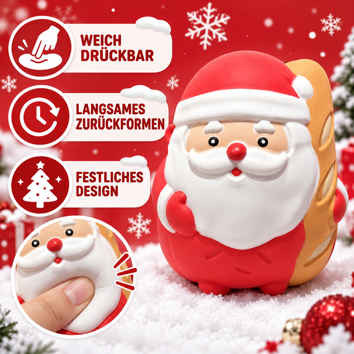Weihnachtsmann mit Baguette Squishy – weiches Weihnachts-Spielzeug