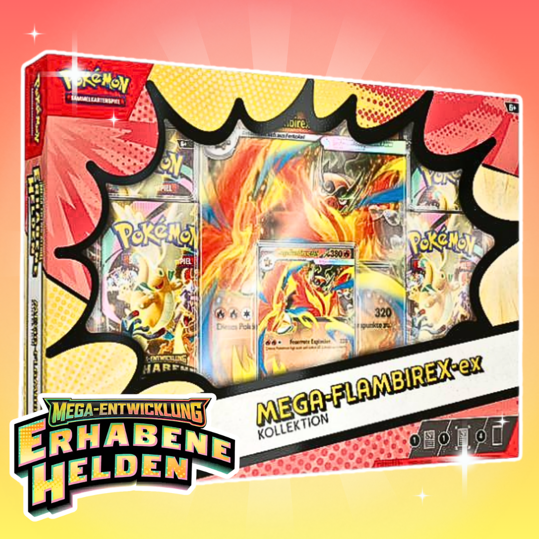 Pokémon ME02.5 Erhabene Helden Mega-EX Kollektion Deutsch – 4 Boosterpacks, Holo Promo Karte & Jumbo Wackelbildkarte, Sammelbox