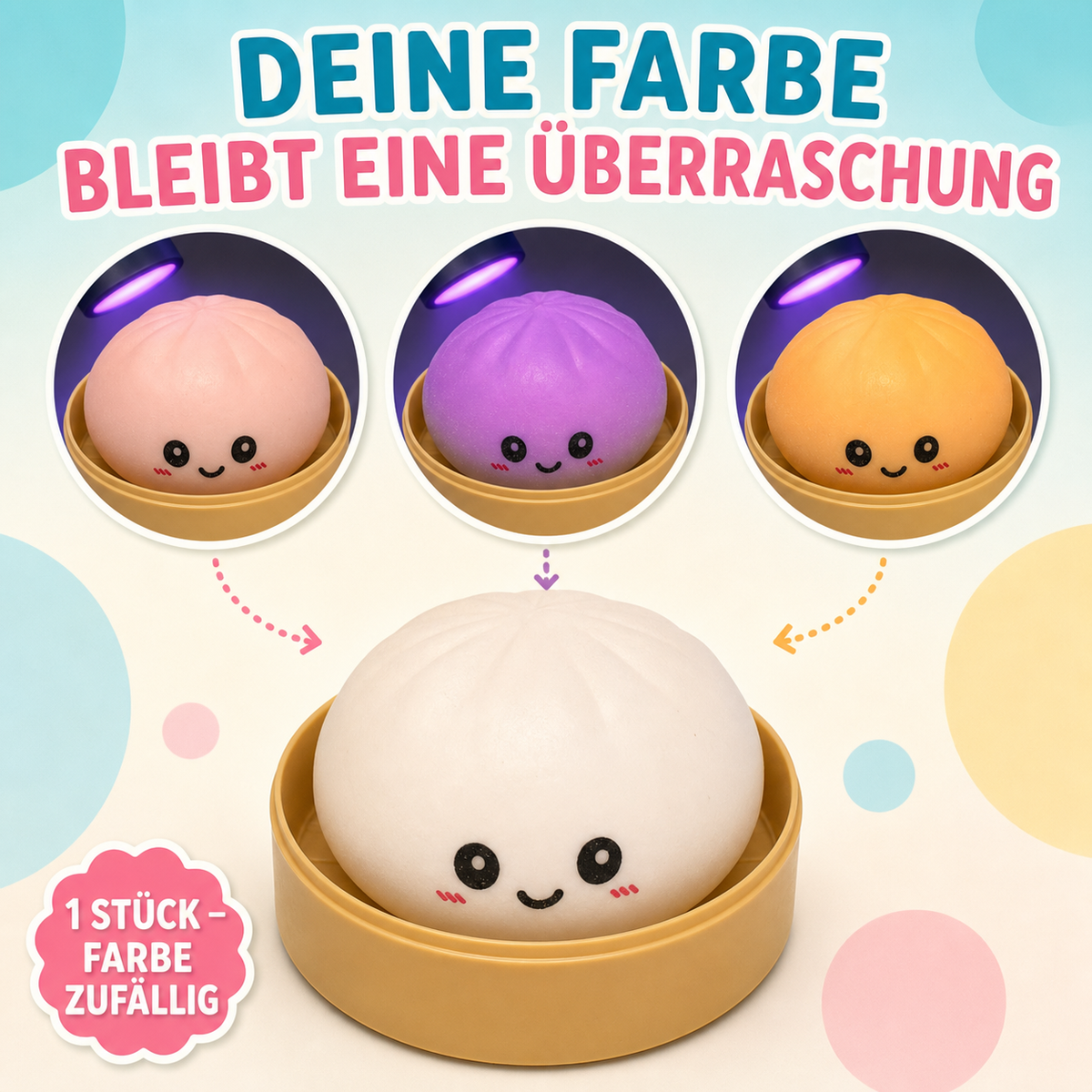 1 Stück UV-Farbwechsel Bun Squishy im Dampfkorb – 8,5 cm Überraschungsfarbe